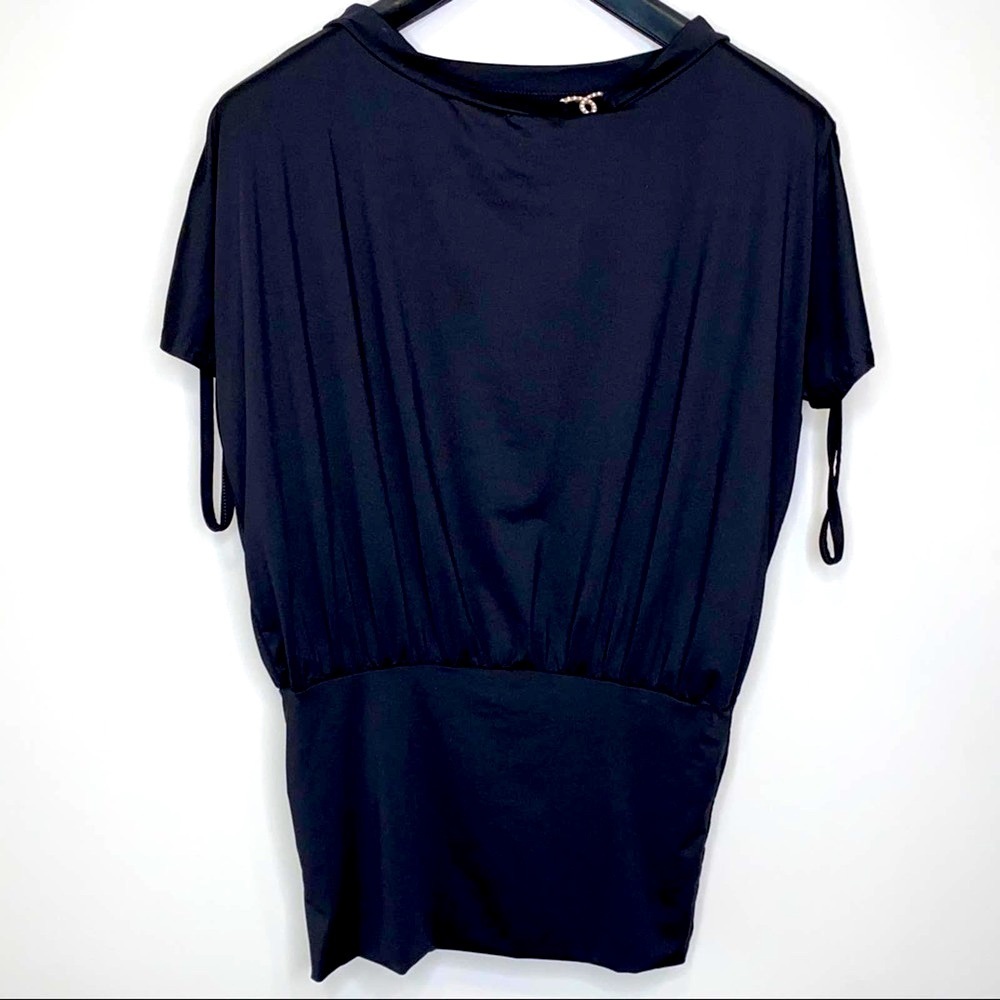 Black Oversized Short Sleeve Blouse w/ Rhinestone Size Large Classy Black Tie